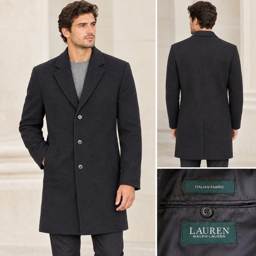 Lauren Ralph Lauren Mens Black Wool Cashmere Italian Fabric Overcoat 40L